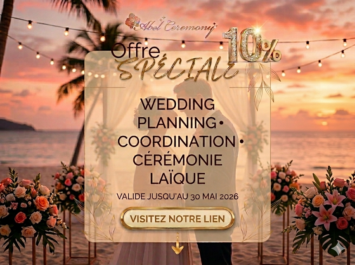 💍 Offre Exclusive : -10% sur votre Mariage ! Abel Ceremony accompagne vos rêves. Profitez de 10% de réduction sur nos prestations phares pour toute réservation effectuée avant le 30 mai 2026 : Wedding Planning : Organisation de A à Z. Coordination Jour J : La sérénité totale le jour J. Cérémonie Laïque : Une union riche en émotions. Ne laissez rien au hasard, confiez-nous les coulisses et gardez la magie !
